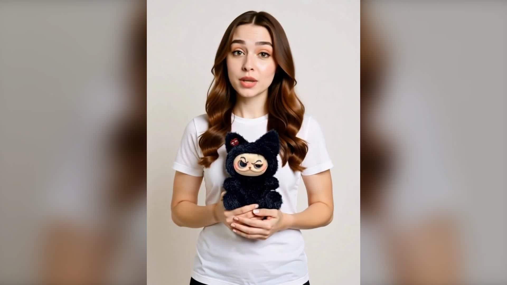 与众不同的黑猫玩偶：俏皮表情与红苹果的艺术结合