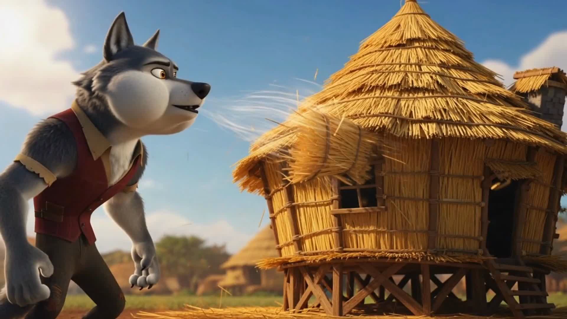 ¡El lobo sopla! Los cerditos corren a la casa de hormigón